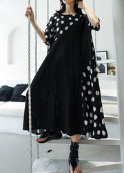 casual black dotted o neck patchwork chiffon long summer dress - bagstylebliss