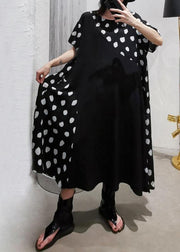 casual black dotted o neck patchwork chiffon long summer dress - bagstylebliss