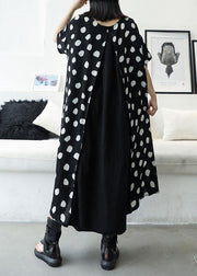 casual black dotted o neck patchwork chiffon long summer dress - bagstylebliss