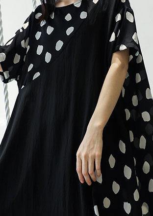 casual black dotted o neck patchwork chiffon long summer dress - bagstylebliss