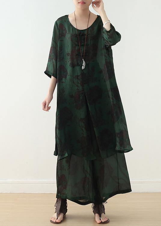 casual silk green prints Chinese Button dresses with elastic waist wide leg pants - bagstylebliss