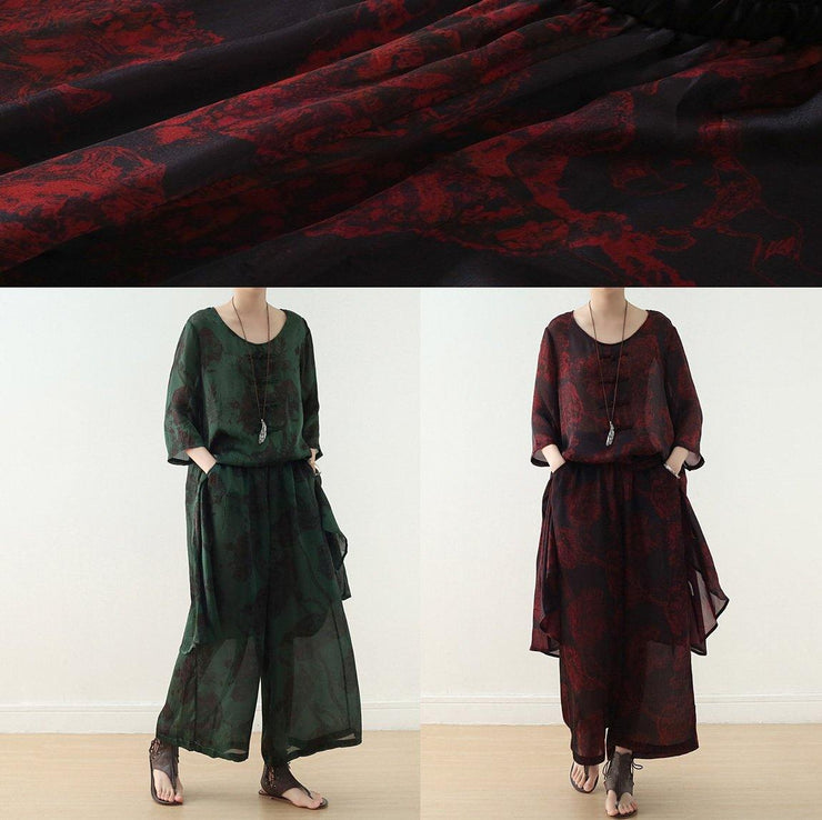 casual silk green prints Chinese Button dresses with elastic waist wide leg pants - bagstylebliss