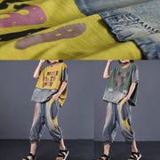 casual women cotton yellow two pieces loose patchwork tops and elastic waist pants - bagstylebliss