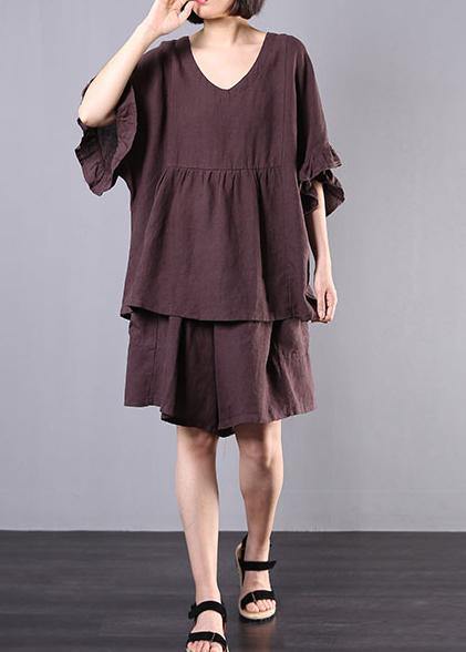 chocolate cotton linen v neck ruffles tops and women casual shorts two pieces - bagstylebliss