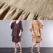 chocolate cotton linen v neck ruffles tops and women casual shorts two pieces - bagstylebliss