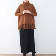 chunky brown knit tops plussize high neck knitted blouses women tassel fall blouse