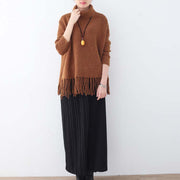 chunky brown knit tops plussize high neck knitted blouses women tassel fall blouse