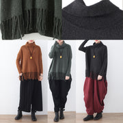 chunky brown knit tops plussize high neck knitted blouses women tassel fall blouse