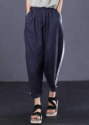 dark blue casual cotton elastic waist white striped patchwork pants - bagstylebliss