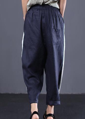 dark blue casual cotton elastic waist white striped patchwork pants - bagstylebliss