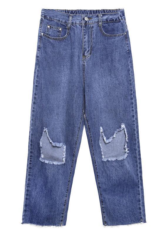 denim blue 2019 new high waist straight pants elastic waist ripped Jeans - bagstylebliss