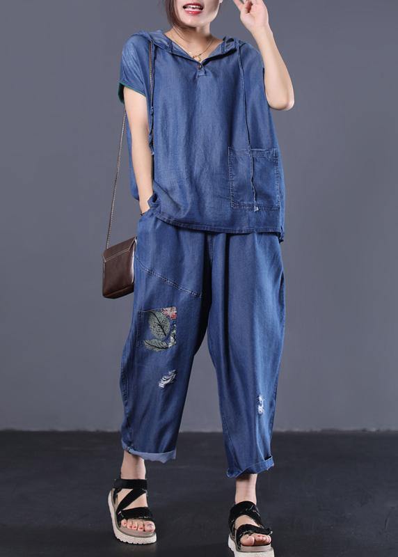 denim blue vintage cotton two pieces hooded short sleeve tops and patchwork pants - bagstylebliss