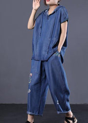denim blue vintage cotton two pieces hooded short sleeve tops and patchwork pants - bagstylebliss
