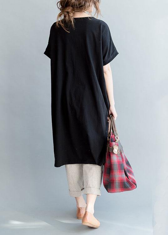 diy Black Side Open Letter O Neck Vacation Cotton Dresses - bagstylebliss