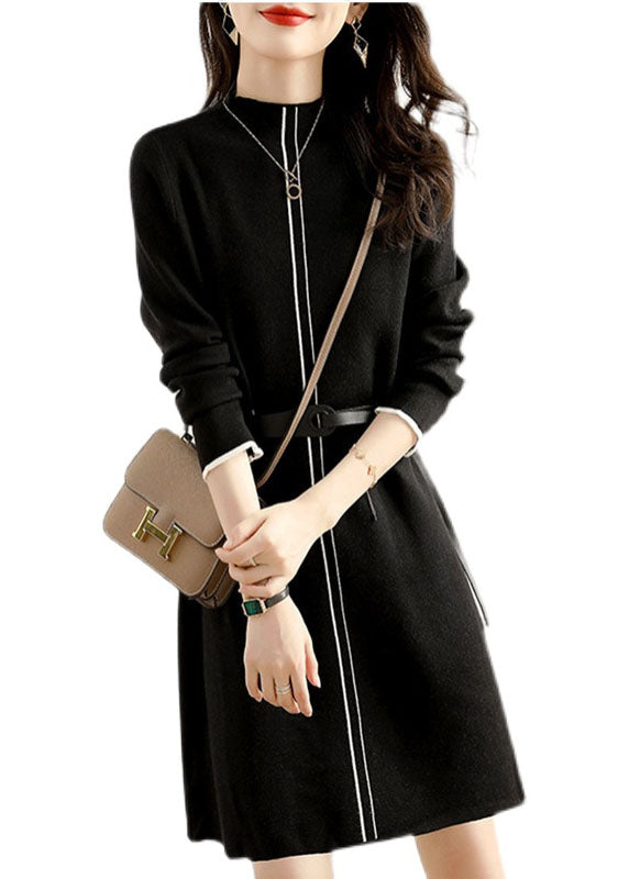 diy Black fashion tie waist Dress Winter