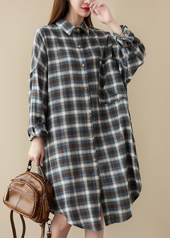 diy Blue Plaid Peter Pan Collar Button Pockets Fall Long sleeve Blouse Dresses