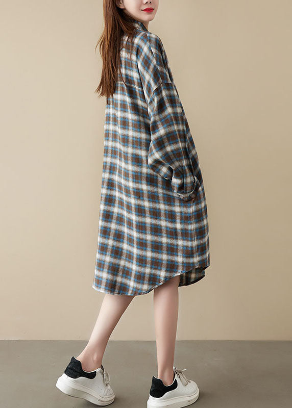 diy Blue Plaid Peter Pan Collar Button Pockets Fall Long sleeve Blouse Dresses