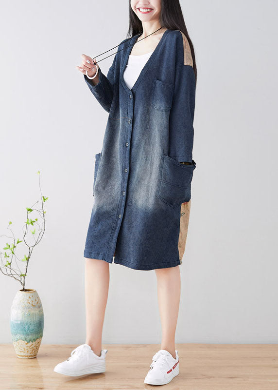 diy Blaue Patchwork-Trenchcoats mit V-Ausschnitt Frühling