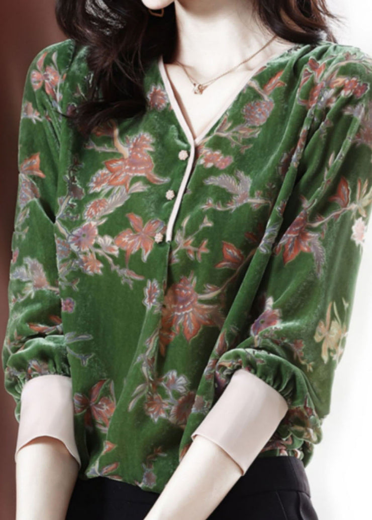 diy Green V Neck Print Velour Blouse Tops Spring