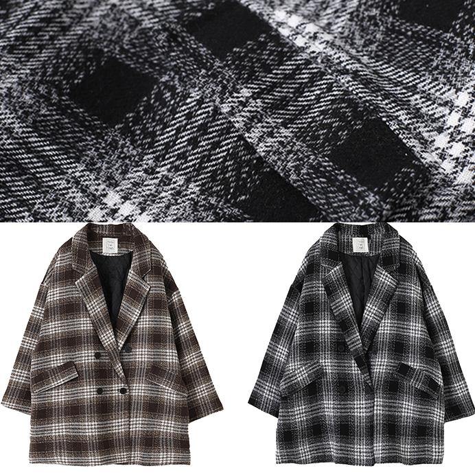 diy Notched double breast  wool coat black plaid short jackets - bagstylebliss