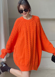 diy Orange O-Neck gemütliches Strickkleid Winter