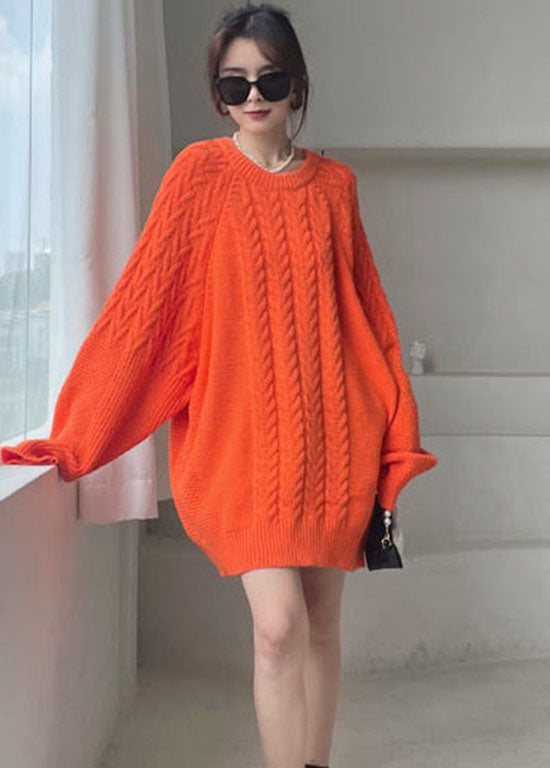 diy Orange O-Neck gemütliches Strickkleid Winter