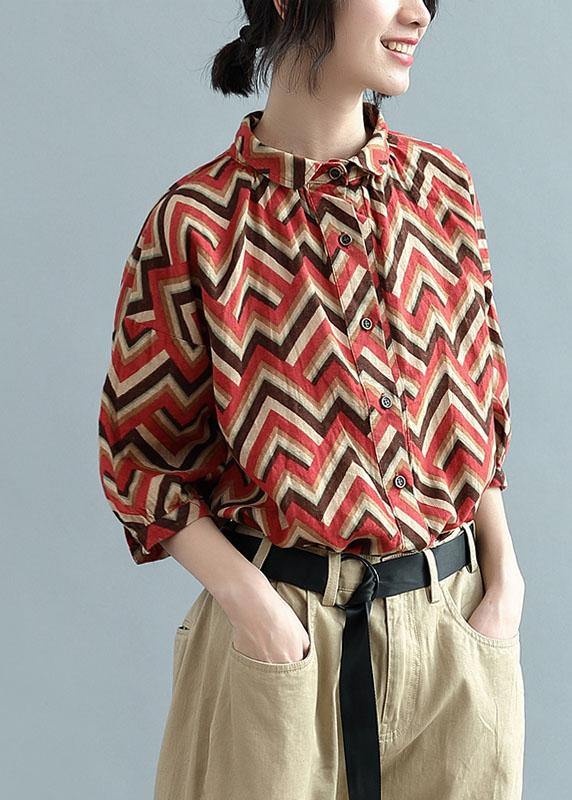 diy Red Print Button Fall Shirt Top Three Quarter Sleeve - bagstylebliss