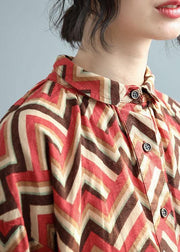 diy Red Print Button Fall Shirt Top Three Quarter Sleeve - bagstylebliss