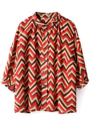 diy Red Print Button Fall Shirt Top Three Quarter Sleeve - bagstylebliss