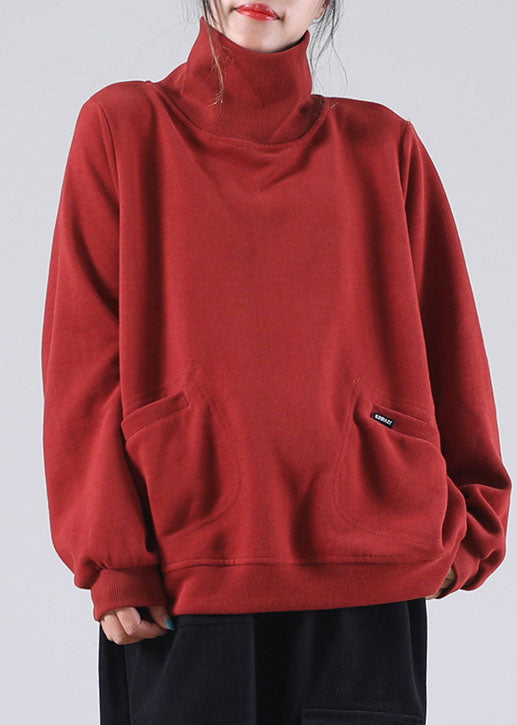 diy Red Turtle Neck Pockets Cotton Sweatshirt Street wear Winter