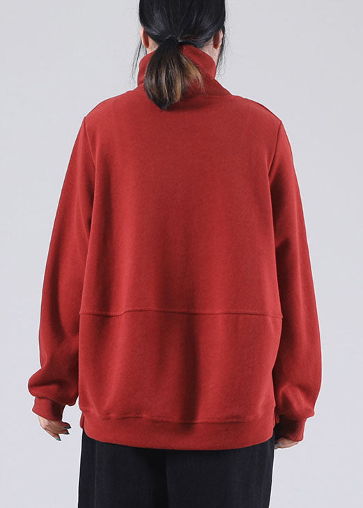 diy Red Turtle Neck Pockets Cotton Sweatshirt Street wear Winter