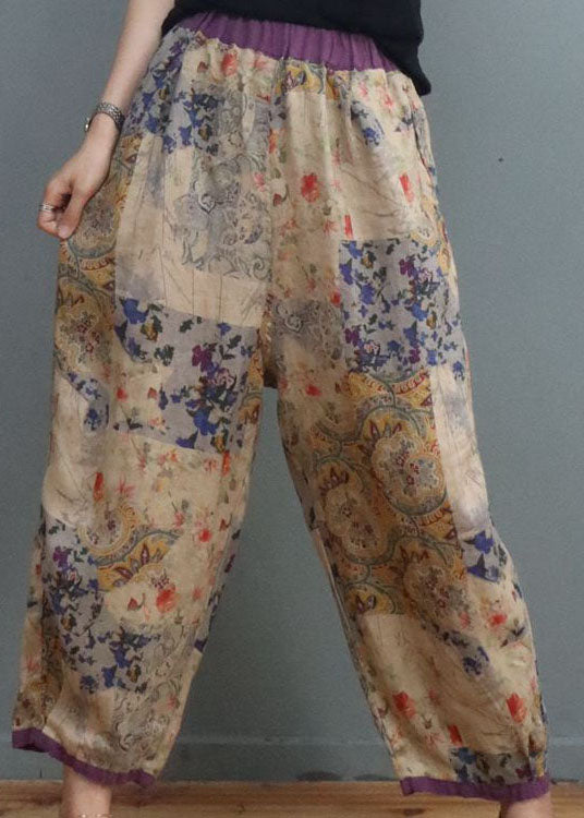 diy Square Flower elastic waist Print Pants Spring