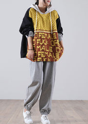 diy Yellow Hooded Graphic denim Patchwork Knit sweaters Winter