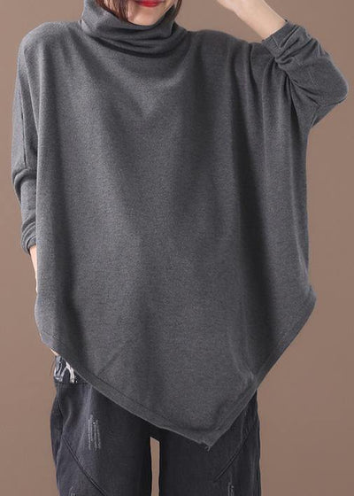 diy asymmetric hem cotton high neck shirts Work gray blouse - bagstylebliss