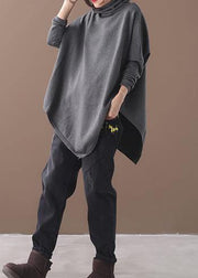 diy asymmetric hem cotton high neck shirts Work gray blouse - bagstylebliss