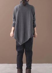 diy asymmetric hem cotton high neck shirts Work gray blouse - bagstylebliss