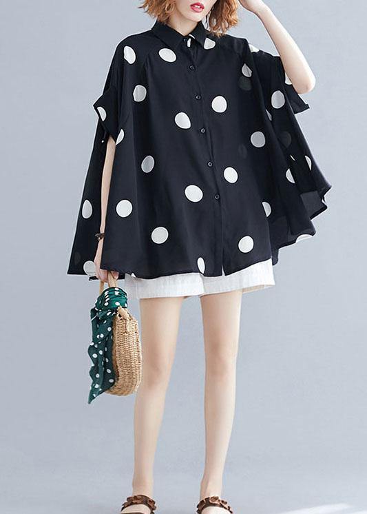 diy black dotted clothes For Women lapel Ruffles top - bagstylebliss