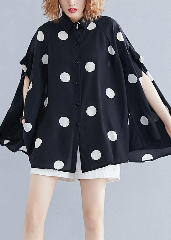 diy black dotted clothes For Women lapel Ruffles top - bagstylebliss