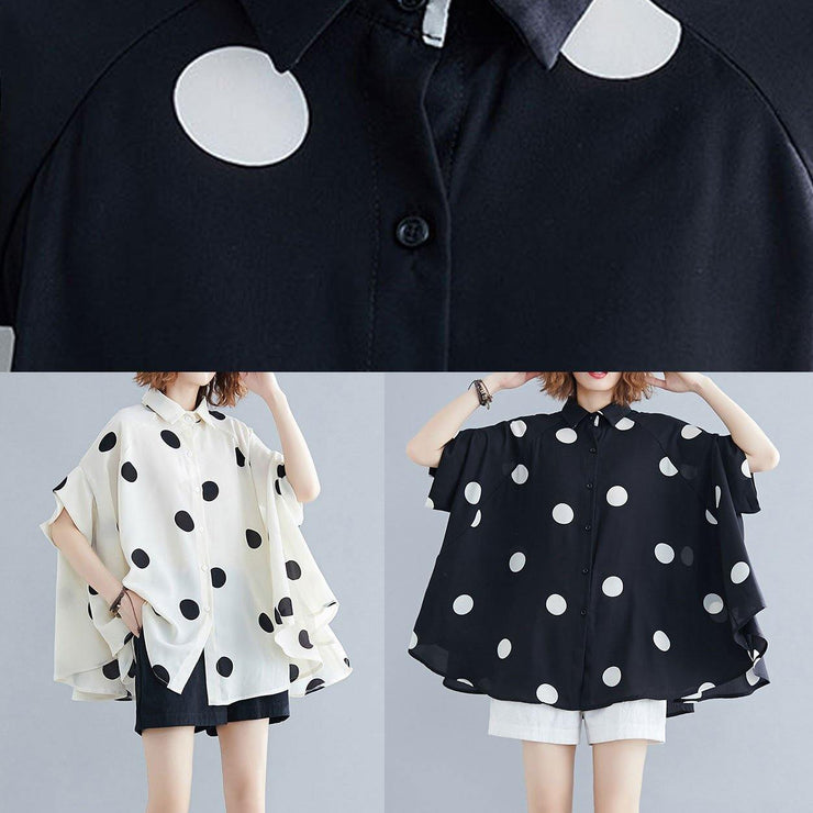 diy black dotted clothes For Women lapel Ruffles top - bagstylebliss