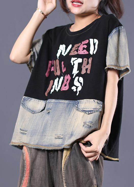 diy black patchwork cotton shirts women ripped short summer top - bagstylebliss