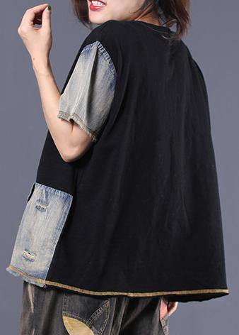 diy black patchwork cotton shirts women ripped short summer top - bagstylebliss