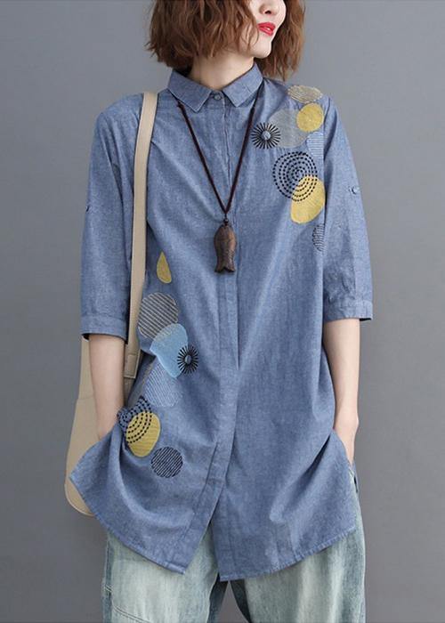 diy blue embroidery top silhouette lapel Midi shirts - bagstylebliss