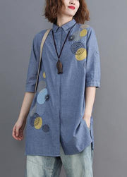 diy blue embroidery top silhouette lapel Midi shirts - bagstylebliss