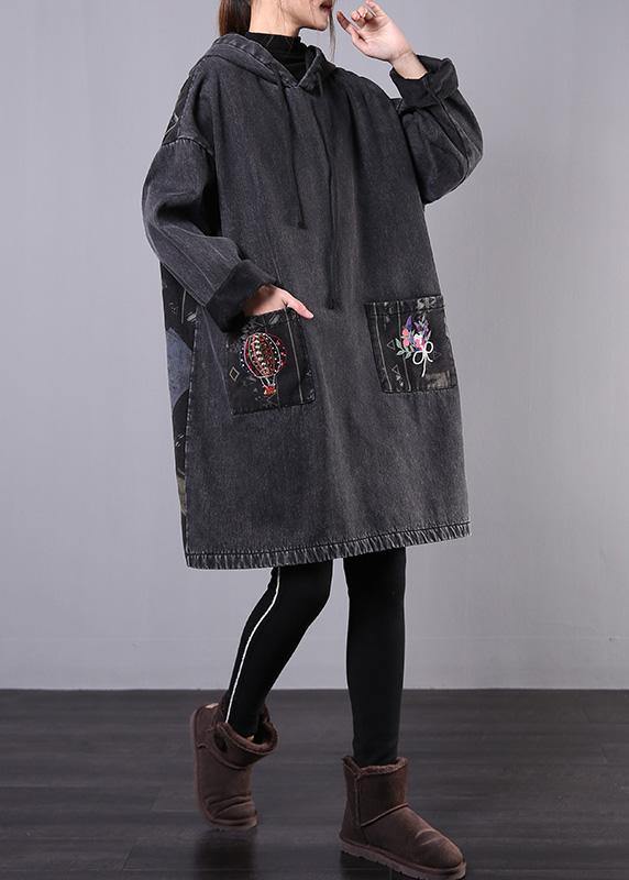 diy denim black embroidery Plus Size casual coats women hooded patchwork jackets - bagstylebliss