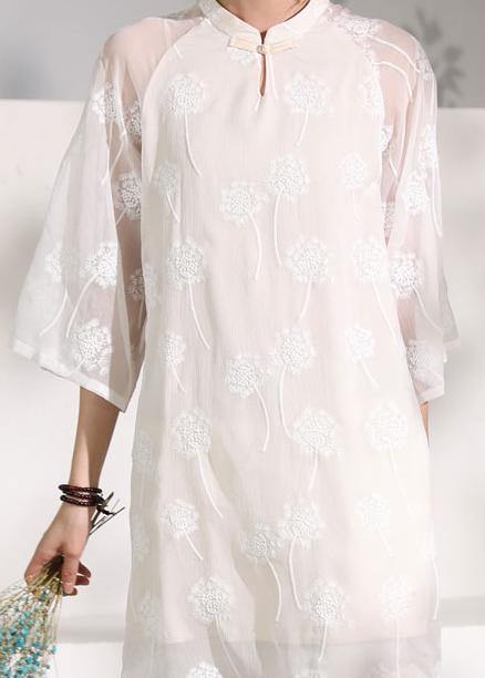 diy flare sleeve linen stand collar clothes Sleeve white embroidery Dress - bagstylebliss