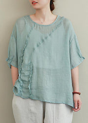 diy green linen tops o neck Ruffles oversized blouses - bagstylebliss