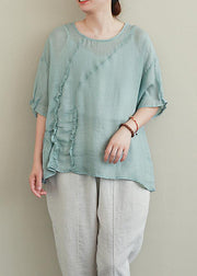 diy green linen tops o neck Ruffles oversized blouses - bagstylebliss