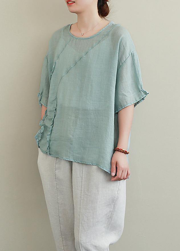 diy green linen tops o neck Ruffles oversized blouses - bagstylebliss