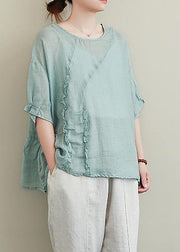 diy green linen tops o neck Ruffles oversized blouses - bagstylebliss