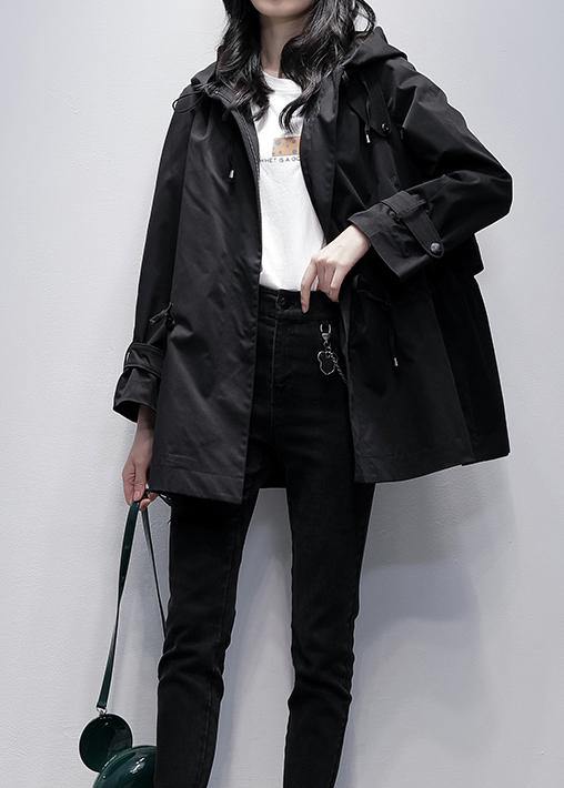 diy hooded drawstring Fine coat for woman black baggy outwear - bagstylebliss